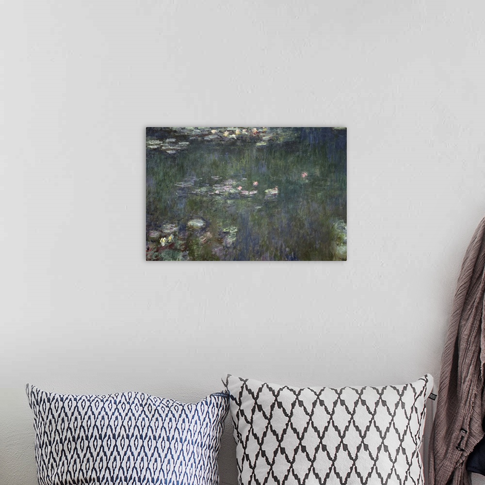 A bohemian room featuring Pastel colored oil painting of flowers and lily pad on lake.