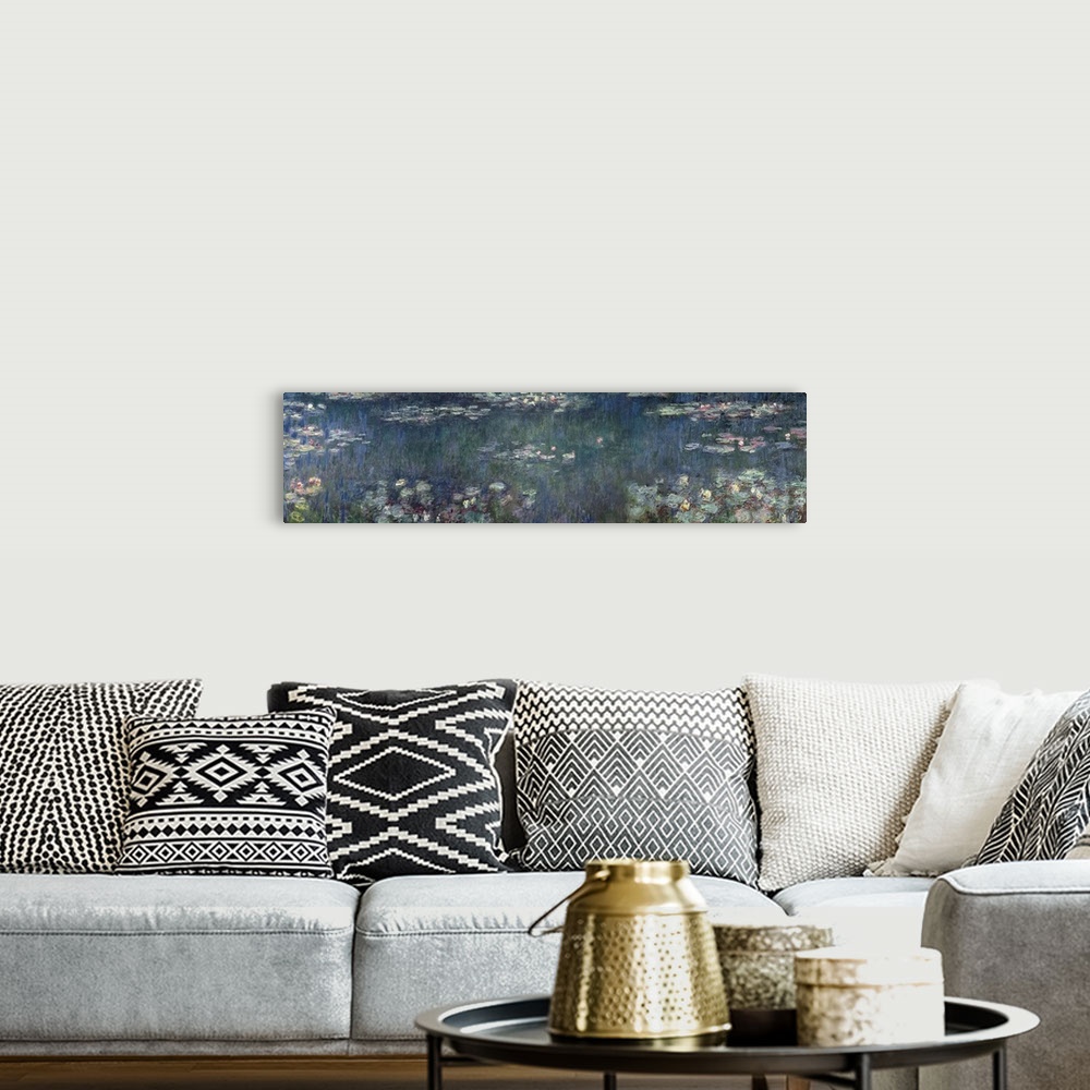A bohemian room featuring This panoramic wall art of an Impressionist painting shows the surface of a pond and all the plan...
