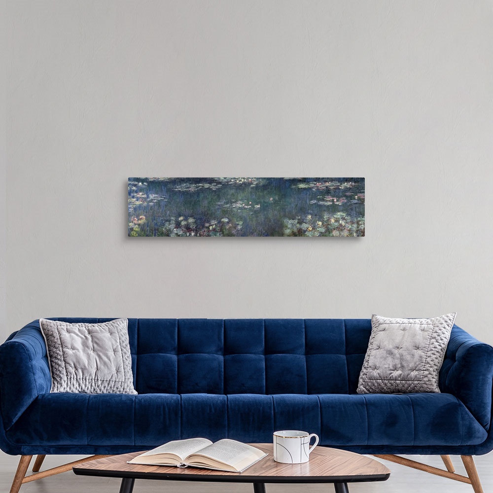 A modern room featuring This panoramic wall art of an Impressionist painting shows the surface of a pond and all the plan...