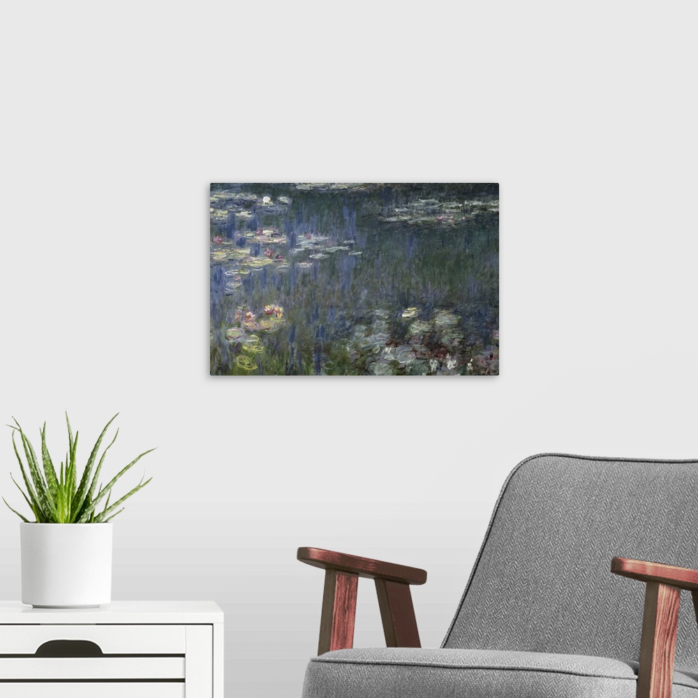 A modern room featuring Painting on canvas of lilies on the water with the reflection of trees.