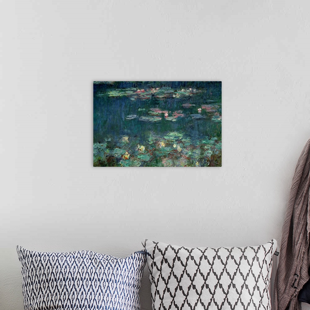 A bohemian room featuring Part of a triptych this Impressionist painting shows plants floating on the surface of a garden p...