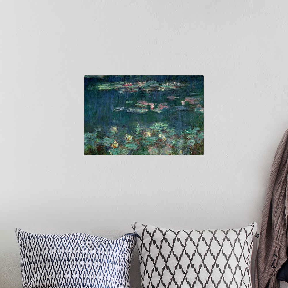A bohemian room featuring Part of a triptych this Impressionist painting shows plants floating on the surface of a garden p...