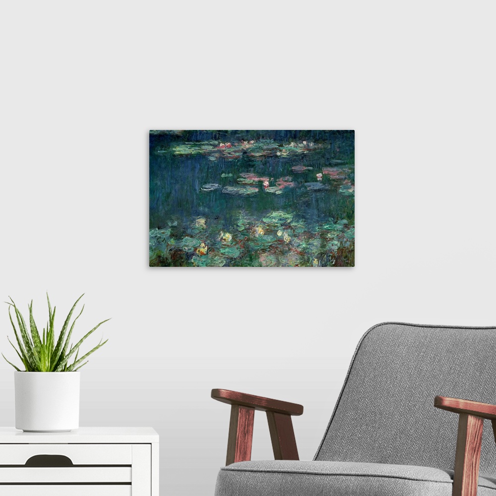 A modern room featuring Part of a triptych this Impressionist painting shows plants floating on the surface of a garden p...