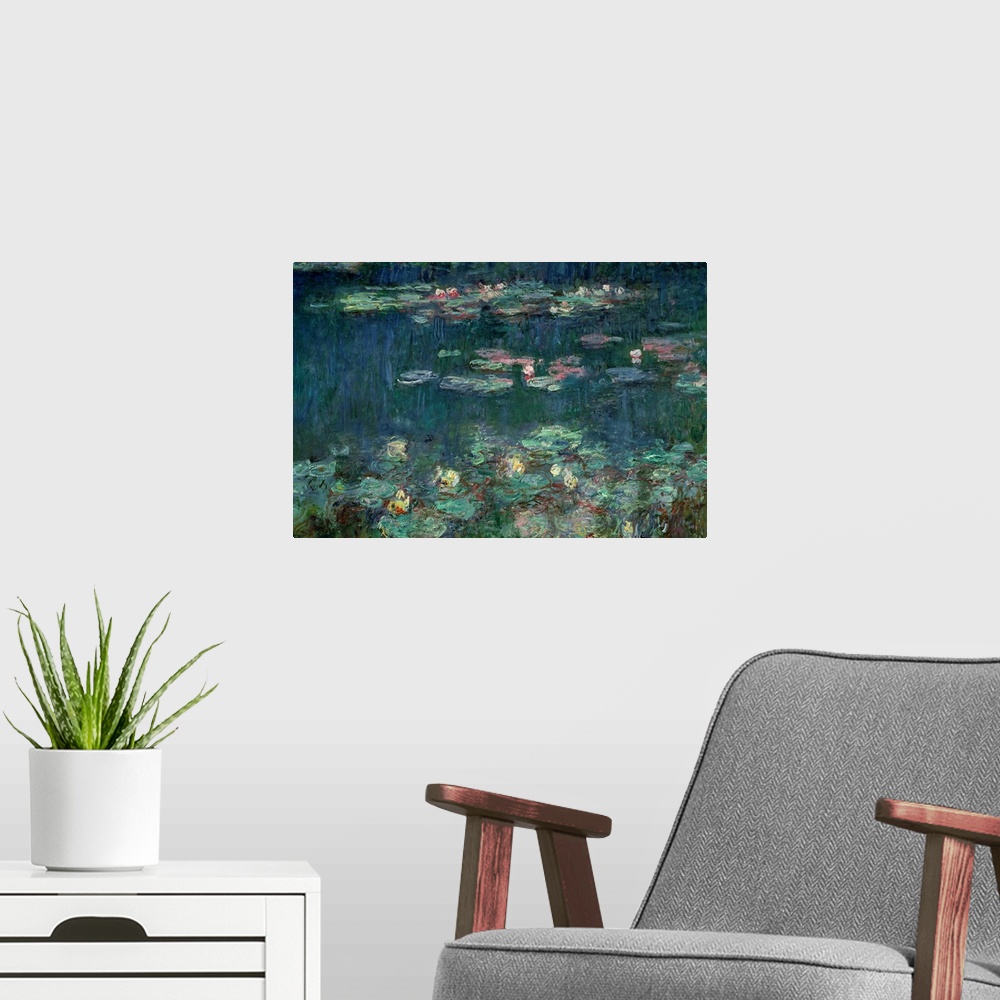 A modern room featuring Part of a triptych this Impressionist painting shows plants floating on the surface of a garden p...
