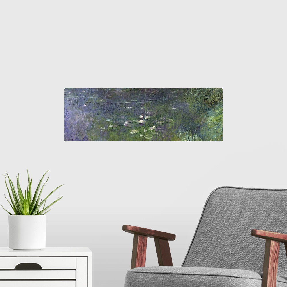 A modern room featuring XIR71326 Waterlilies: Morning, 1914-18 (right section)  by Monet, Claude (1840-1926); oil on canv...