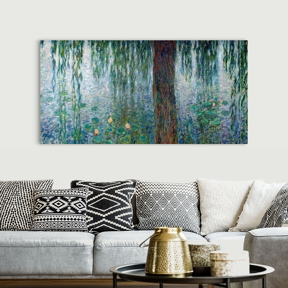 A bohemian room featuring Detail of an Impressionist painting of willow branches dipping into water covered with lily pads.