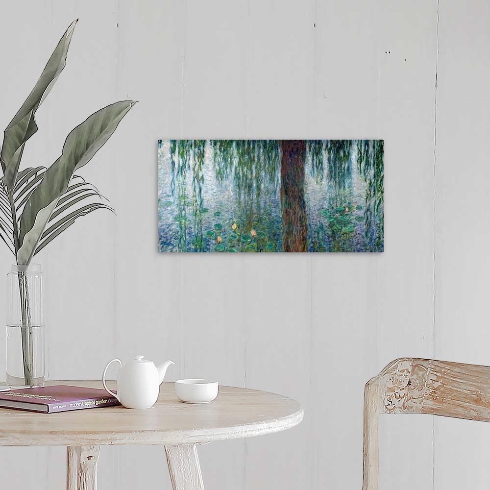 A farmhouse room featuring Detail of an Impressionist painting of willow branches dipping into water covered with lily pads.