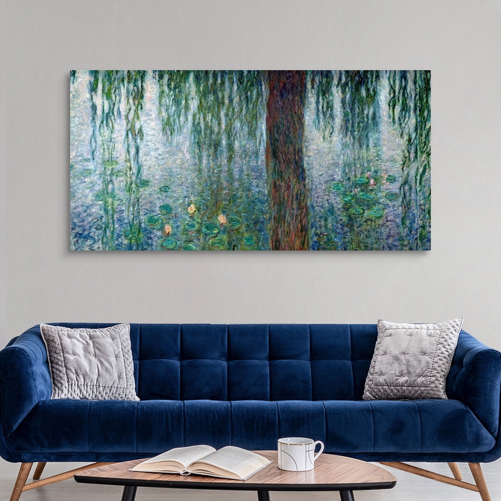 A modern room featuring Detail of an Impressionist painting of willow branches dipping into water covered with lily pads.