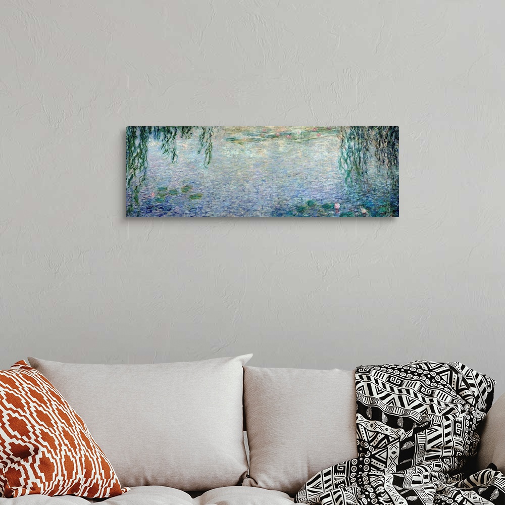A bohemian room featuring Wide panoramic canvas from the Impressionist masteros series of paintings from Giverny.
