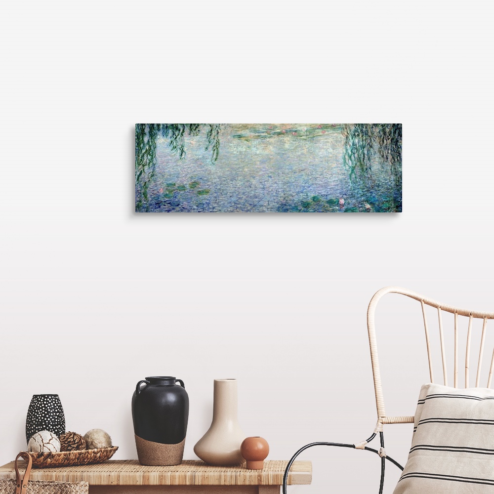 A farmhouse room featuring Wide panoramic canvas from the Impressionist masteros series of paintings from Giverny.