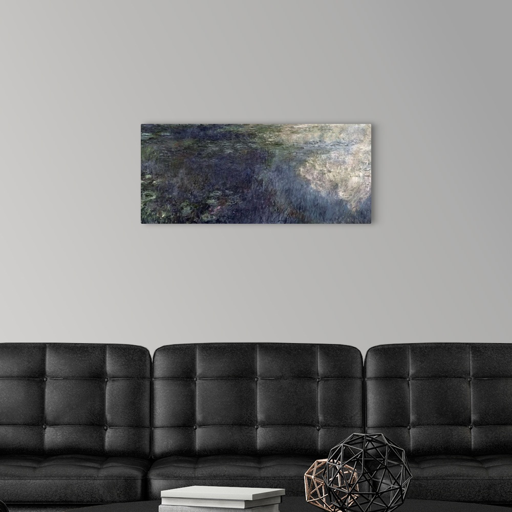 A modern room featuring XIR64186 Waterlilies - The Clouds (left section), 1914-18 (oil on canvas) (see also 64184 & 64185...