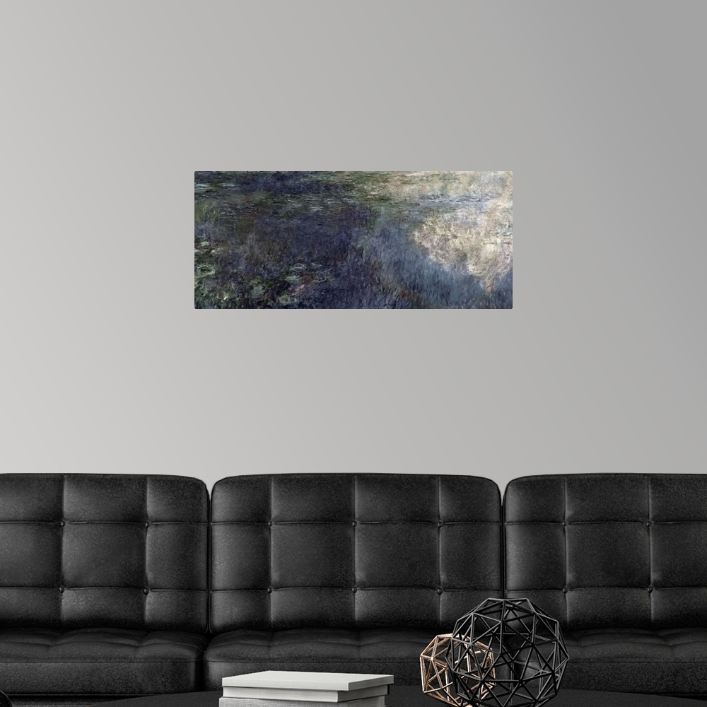 A modern room featuring XIR64186 Waterlilies - The Clouds (left section), 1914-18 (oil on canvas) (see also 64184 & 64185...