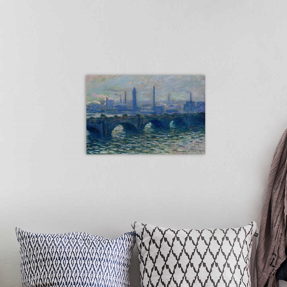 A bohemian room featuring Oil painting of overpass with choppy water below and city skyline in the background.