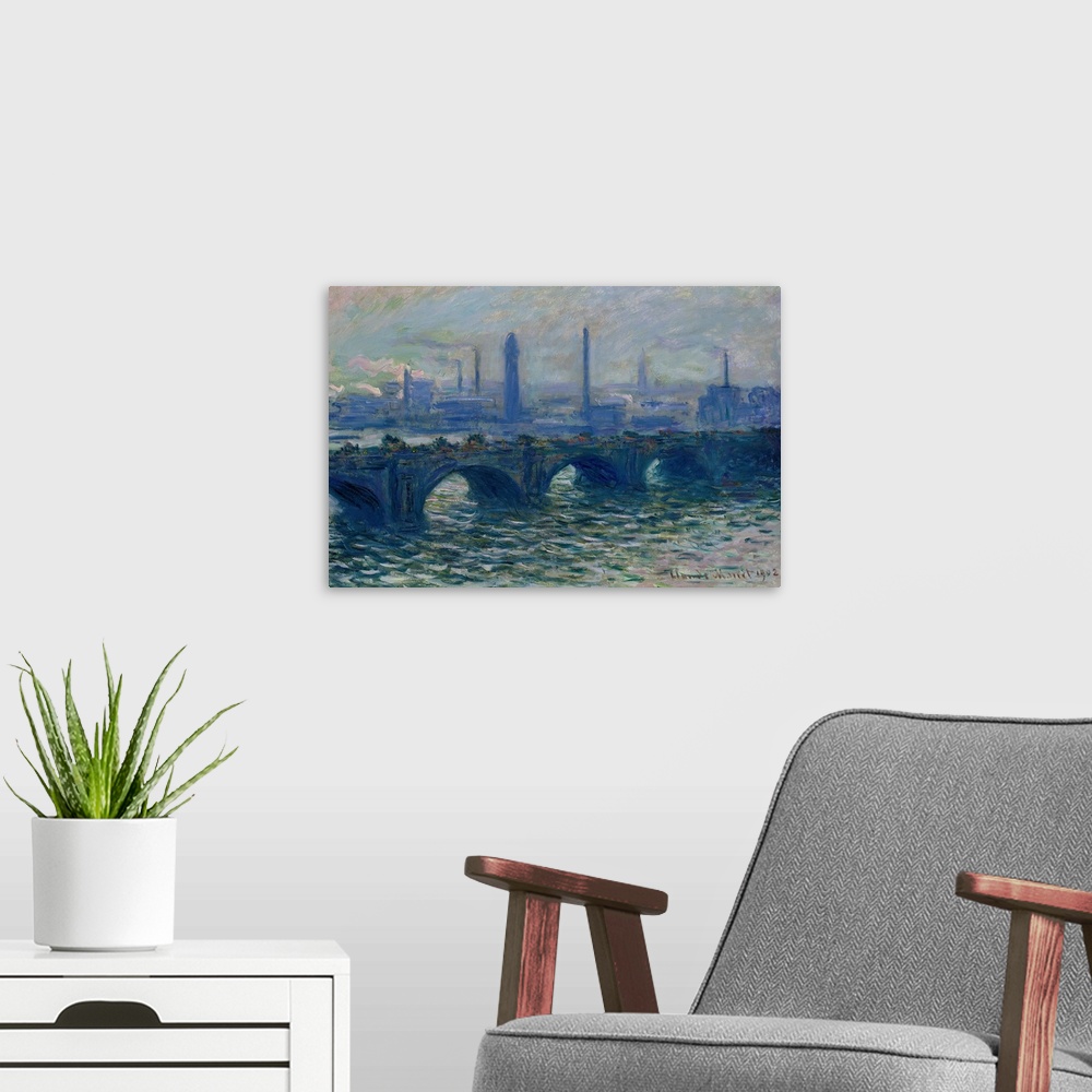 A modern room featuring Oil painting of overpass with choppy water below and city skyline in the background.
