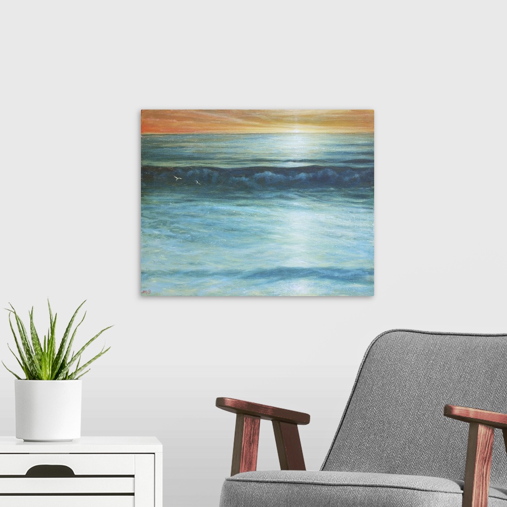 A modern room featuring 3253526 Waves Off Chesil Beach by Hare, Derek (b.1945); 76 x 61 cm;  Derek Hare. All rights reser...