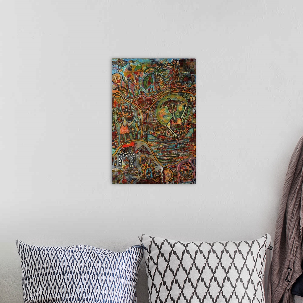 A bohemian room featuring Contemporary abstract painting using wild colors in ornate and decorative patterns.