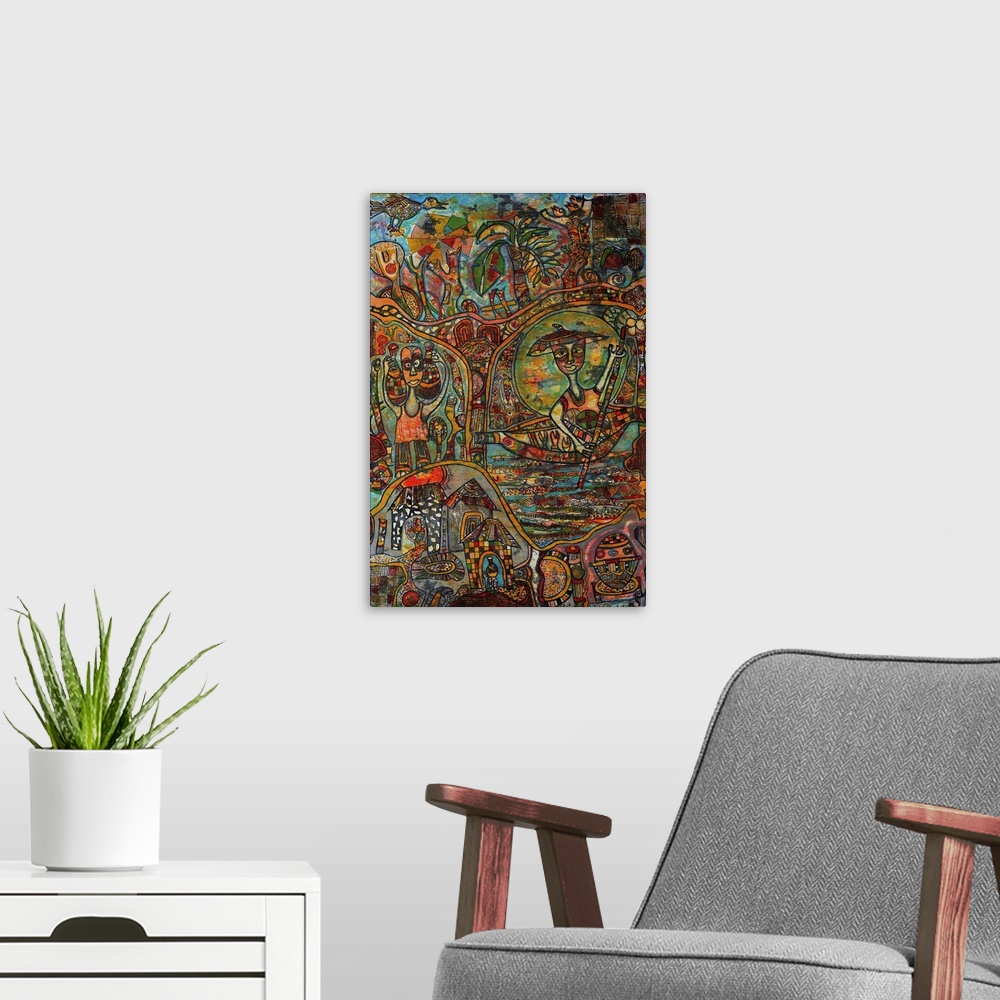 A modern room featuring Contemporary abstract painting using wild colors in ornate and decorative patterns.