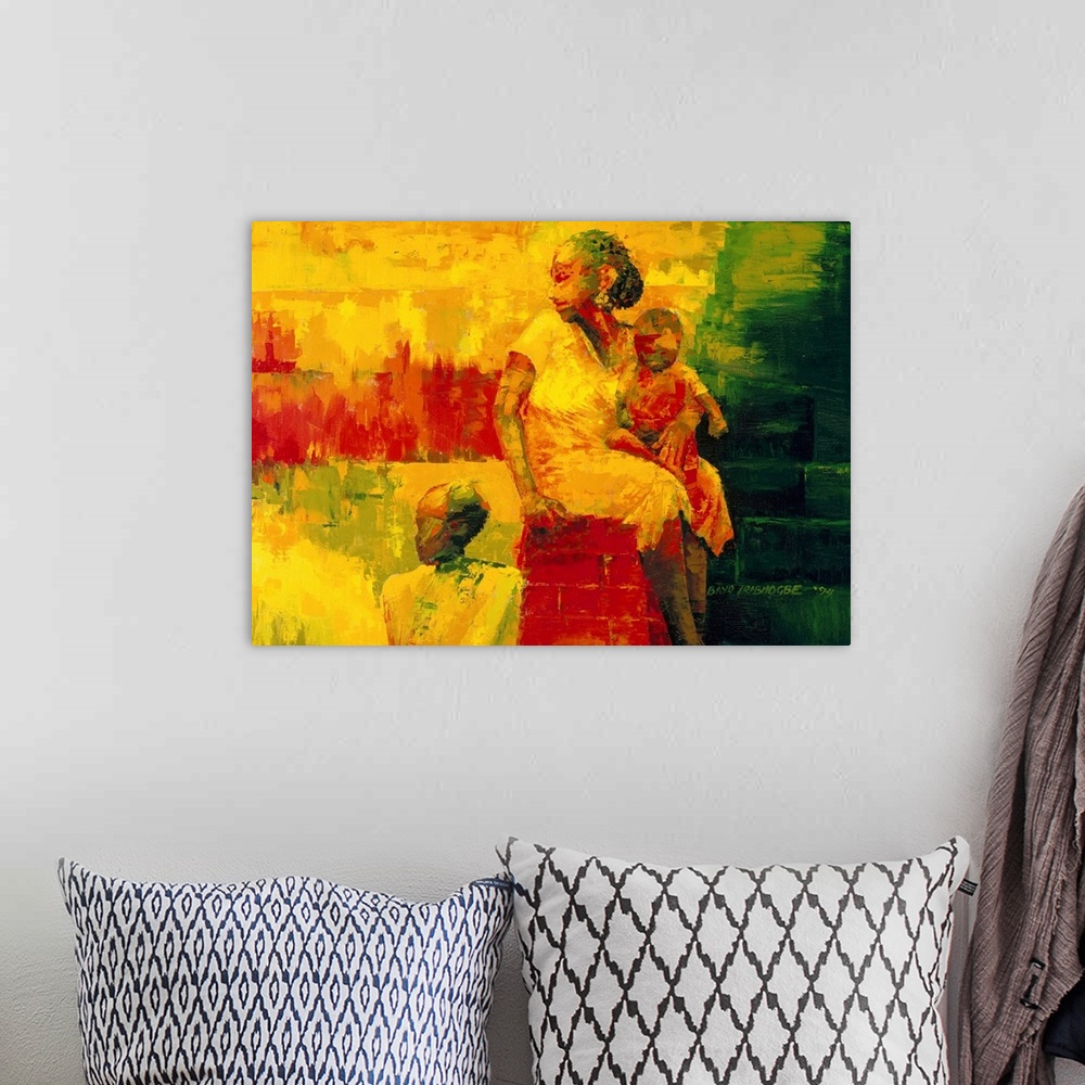 A bohemian room featuring Contemporary African American artwork created with abstract paint application of a woman and two ...