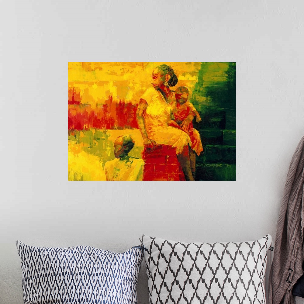 A bohemian room featuring Contemporary African American artwork created with abstract paint application of a woman and two ...