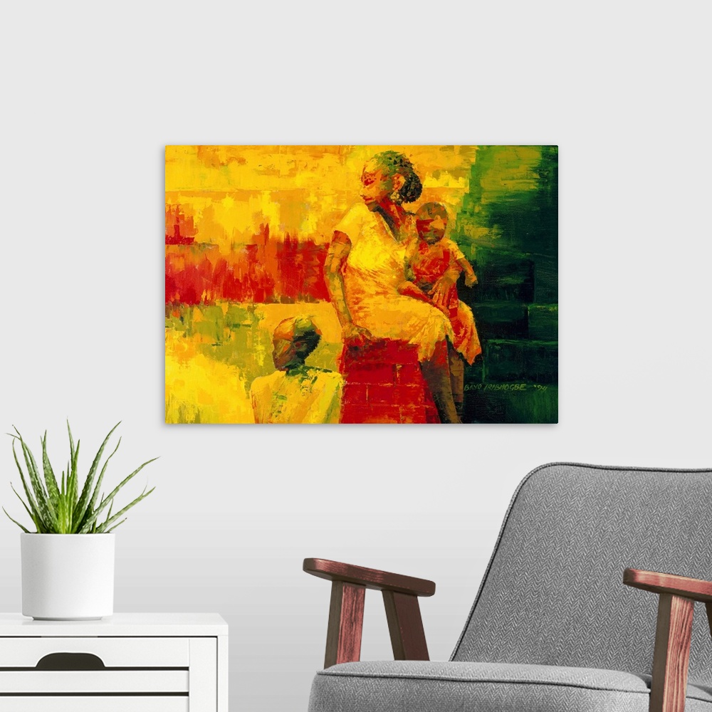 A modern room featuring Contemporary African American artwork created with abstract paint application of a woman and two ...