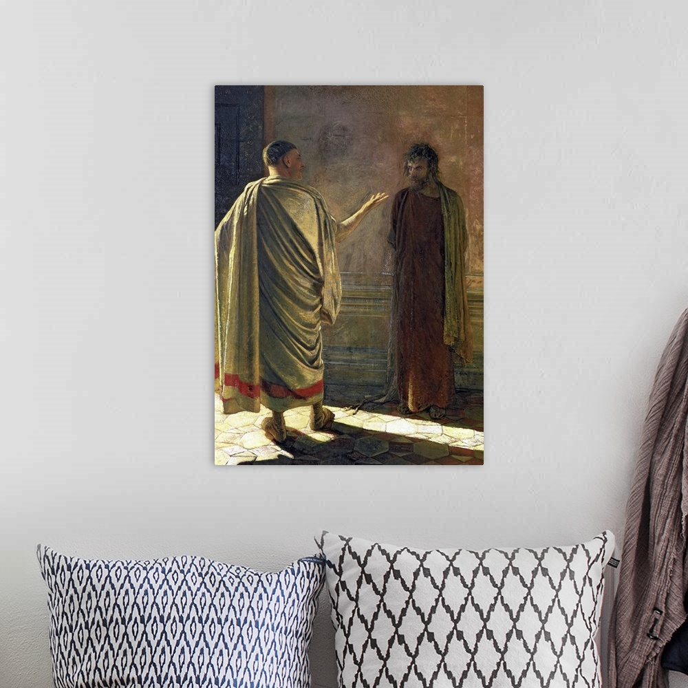 A bohemian room featuring BAL41755 What is Truth? (Christ and Pilate) 1890 (oil on canvas)  by Ge (Gay), Nikolai Nikolaevic...