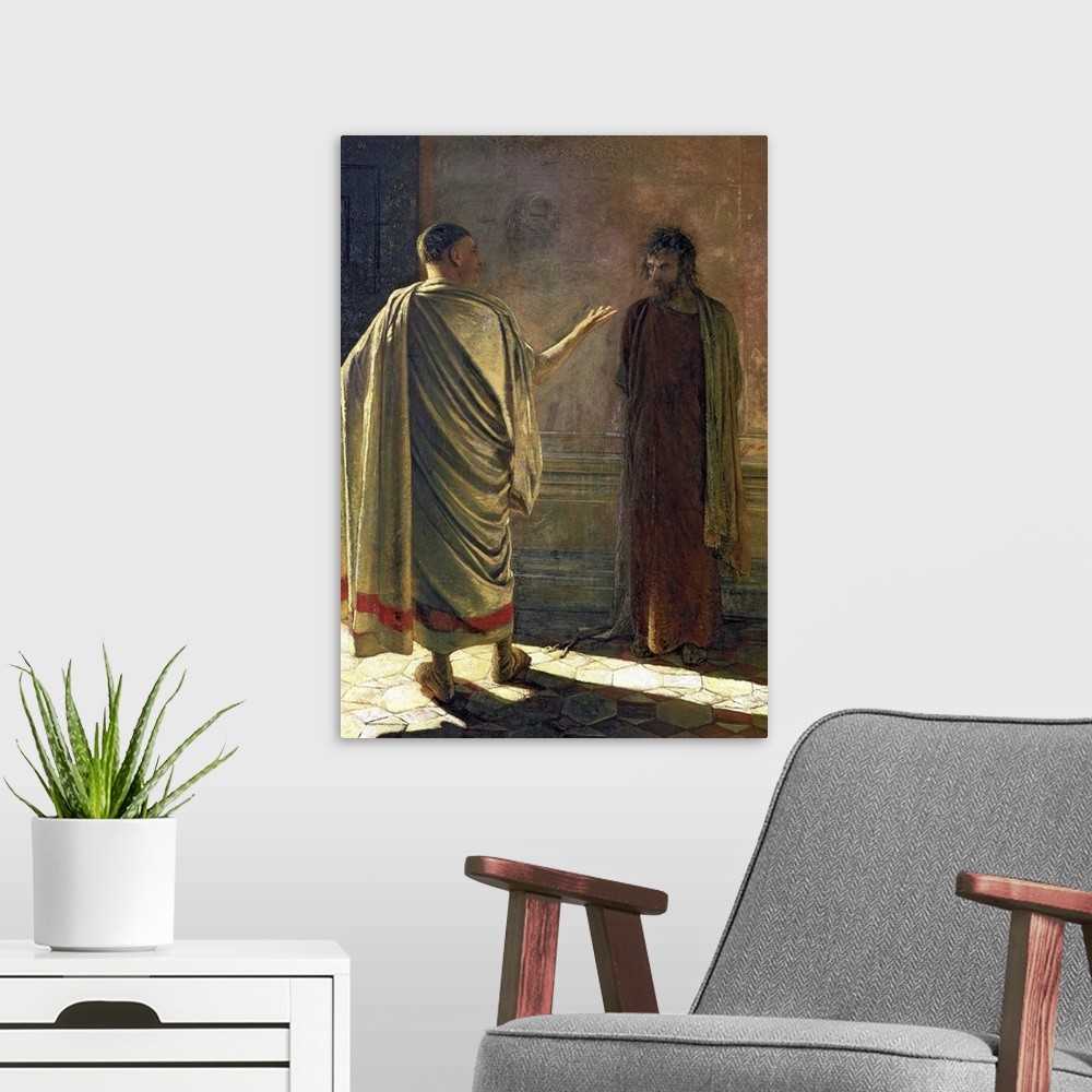 A modern room featuring BAL41755 What is Truth? (Christ and Pilate) 1890 (oil on canvas)  by Ge (Gay), Nikolai Nikolaevic...