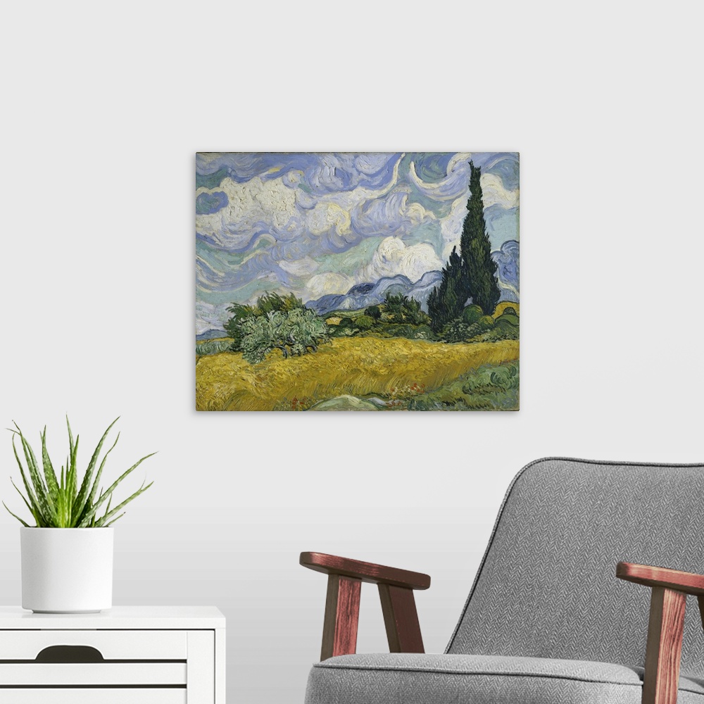 A modern room featuring Wheat Field With Cypresses, 1889
