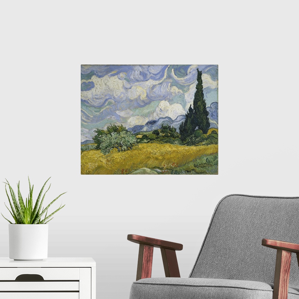 A modern room featuring Wheat Field With Cypresses, 1889