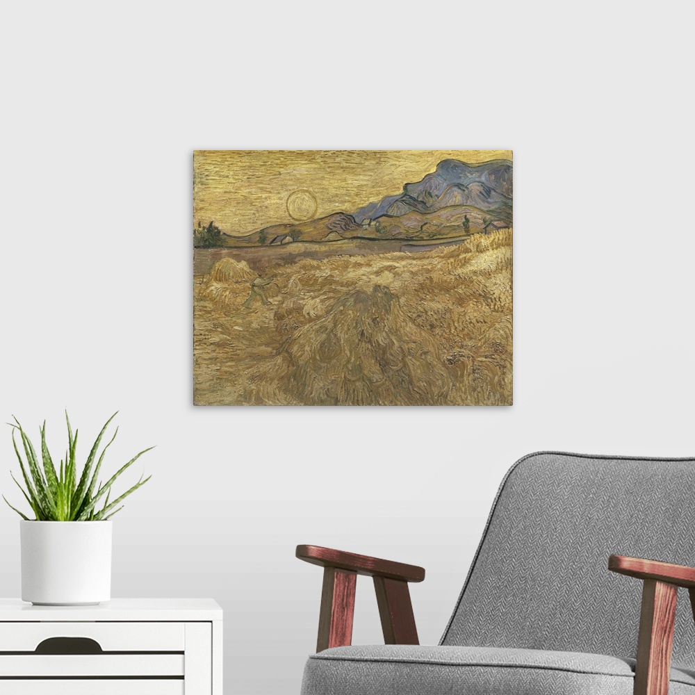 A modern room featuring Wheat Field With Reaper And Sun