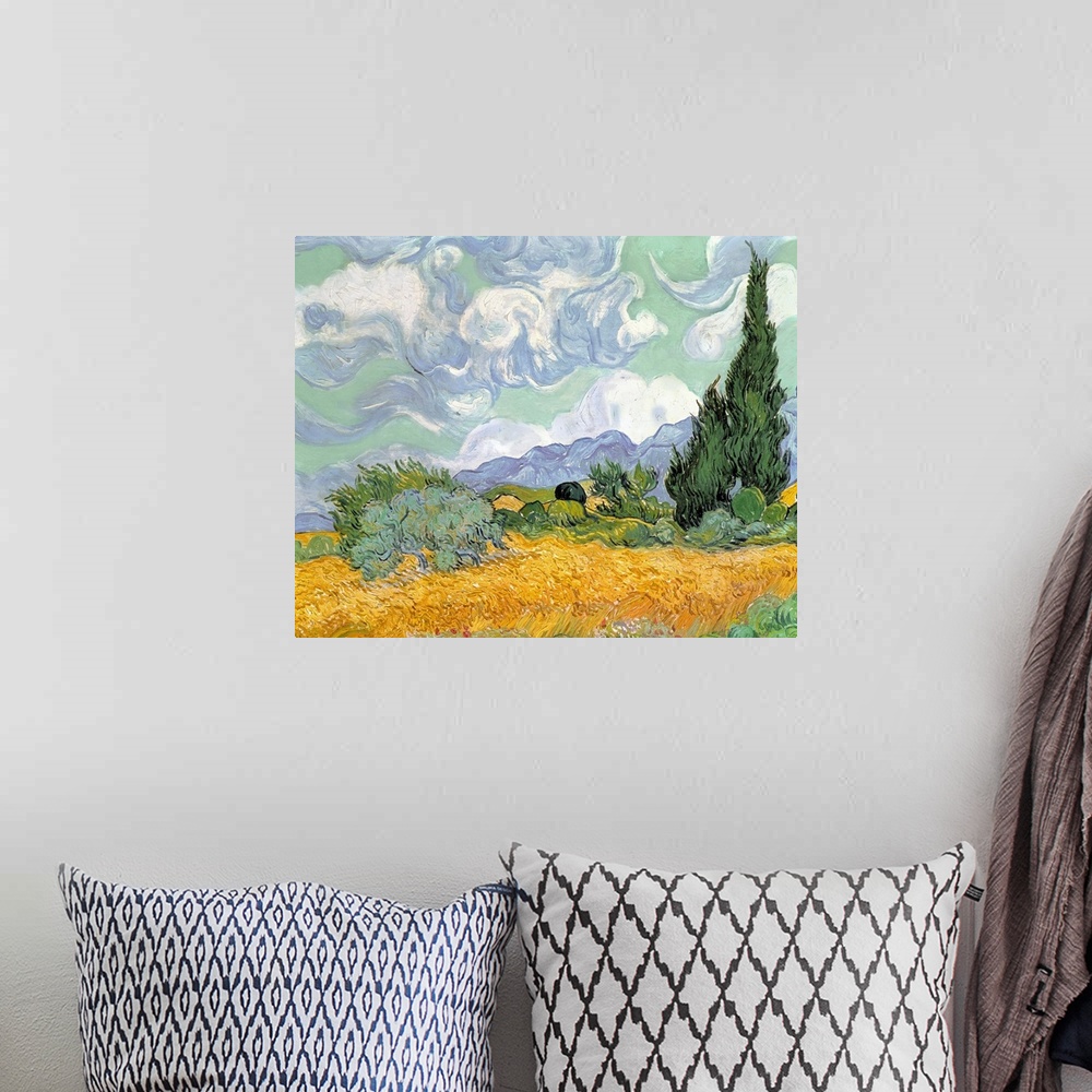 A bohemian room featuring Oversized, landscape, classic art painting of swirling clouds in a sky above a heavily brushed go...