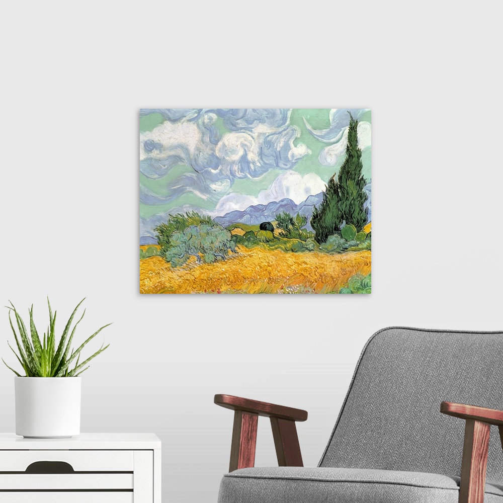 A modern room featuring Oversized, landscape, classic art painting of swirling clouds in a sky above a heavily brushed go...