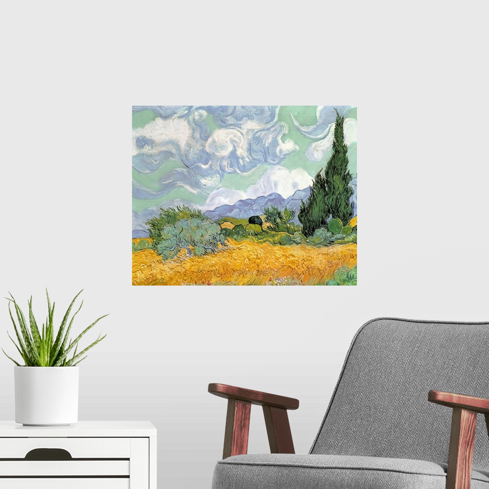 A modern room featuring Oversized, landscape, classic art painting of swirling clouds in a sky above a heavily brushed go...
