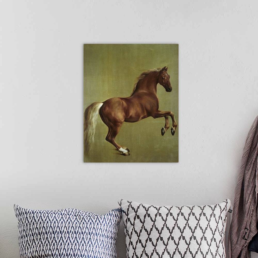A bohemian room featuring Big classic art portrays a dark colored horse with its front hooves above the ground.  Artist pla...