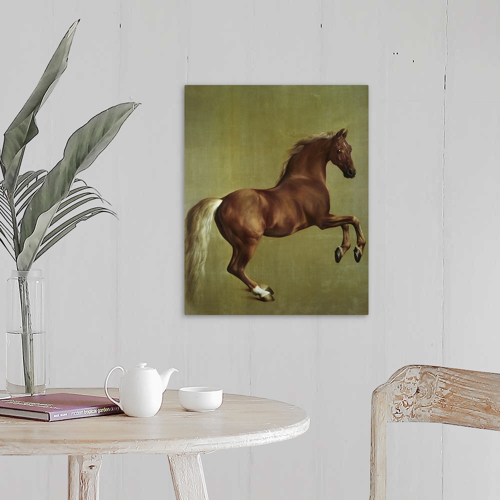 A farmhouse room featuring Big classic art portrays a dark colored horse with its front hooves above the ground.  Artist pla...