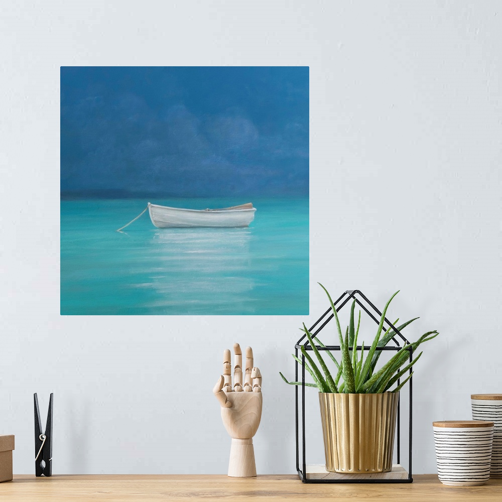 A bohemian room featuring Contemporary painting of a small boat in turquoise water off the Kenyan coast.