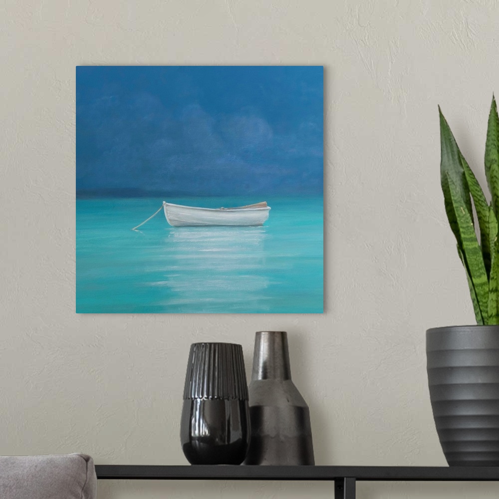 A modern room featuring Contemporary painting of a small boat in turquoise water off the Kenyan coast.
