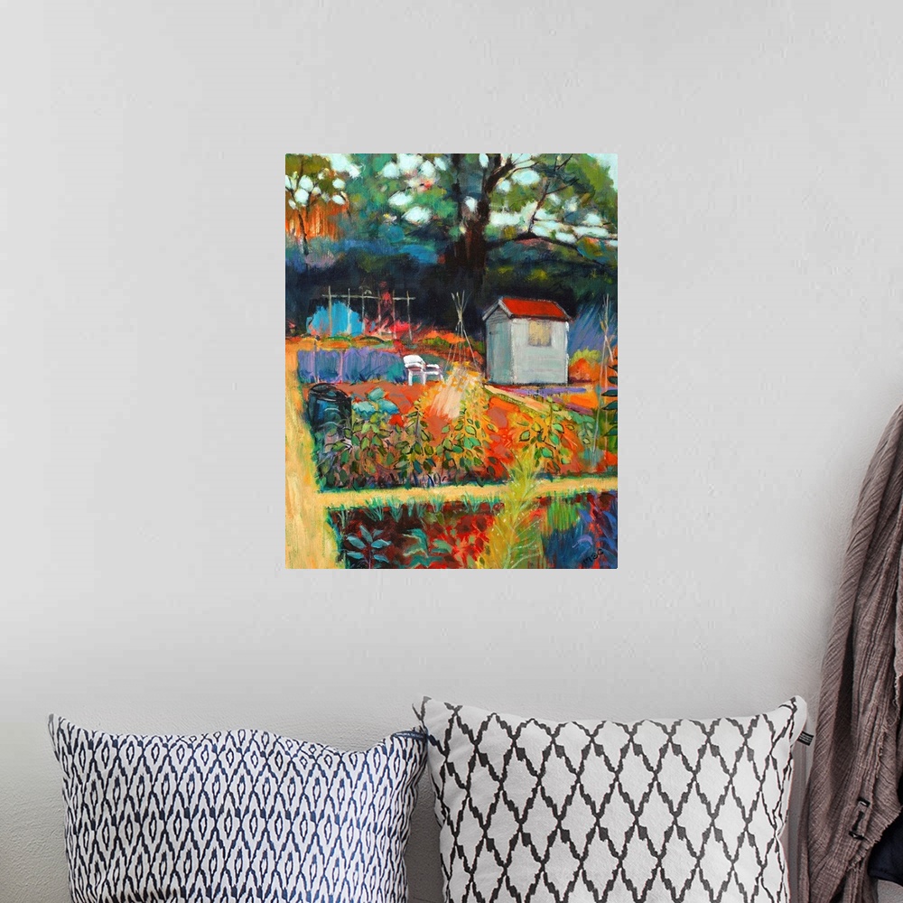 A bohemian room featuring Contemporary painting of a colorful garden scene.