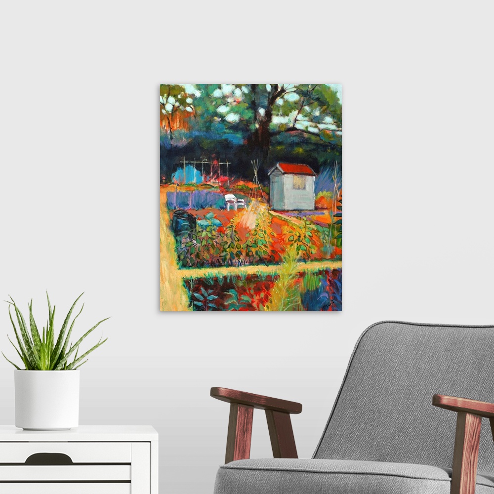 A modern room featuring Contemporary painting of a colorful garden scene.