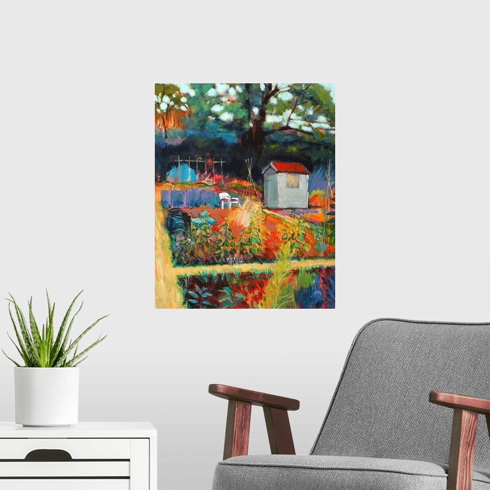 A modern room featuring Contemporary painting of a colorful garden scene.