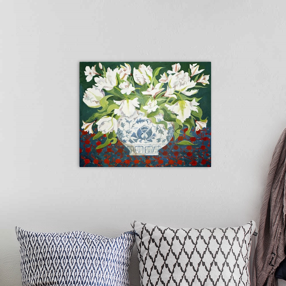 A bohemian room featuring White double tulips and alstroemerias, 2013, acrylic on canvas