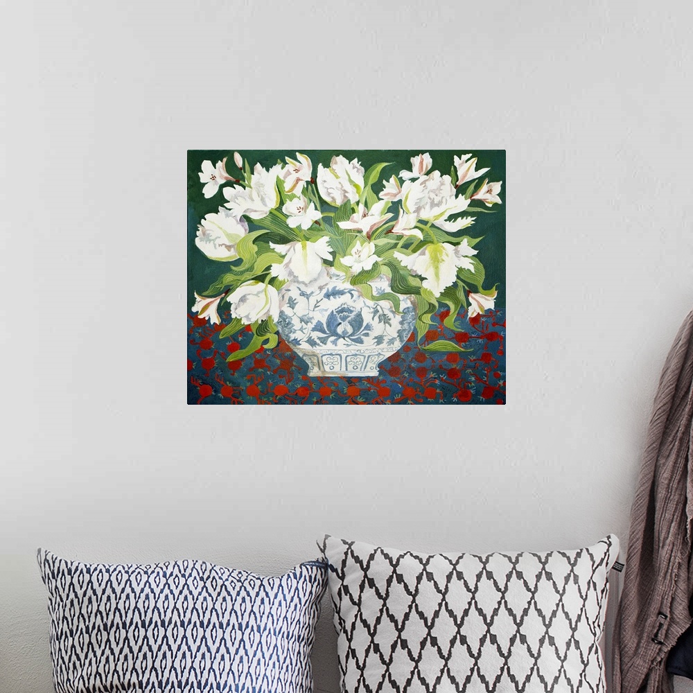 A bohemian room featuring White double tulips and alstroemerias, 2013, acrylic on canvas