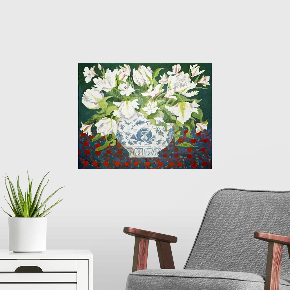 A modern room featuring White double tulips and alstroemerias, 2013, acrylic on canvas