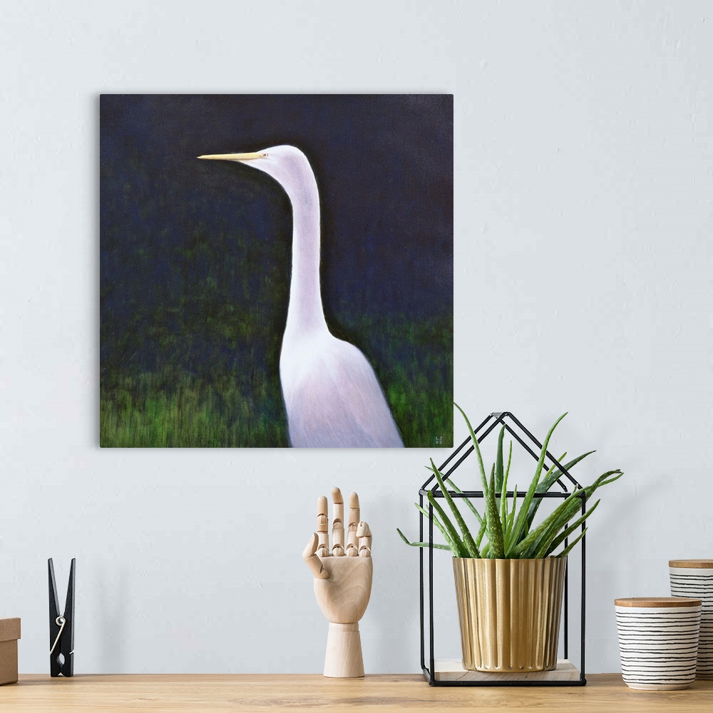 A bohemian room featuring Contemporary painting of a white egret bird with a long neck.