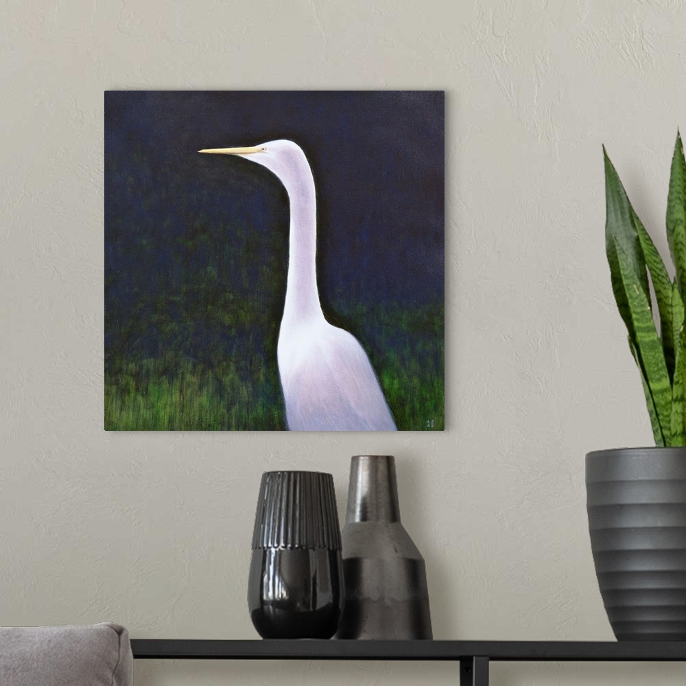 A modern room featuring Contemporary painting of a white egret bird with a long neck.