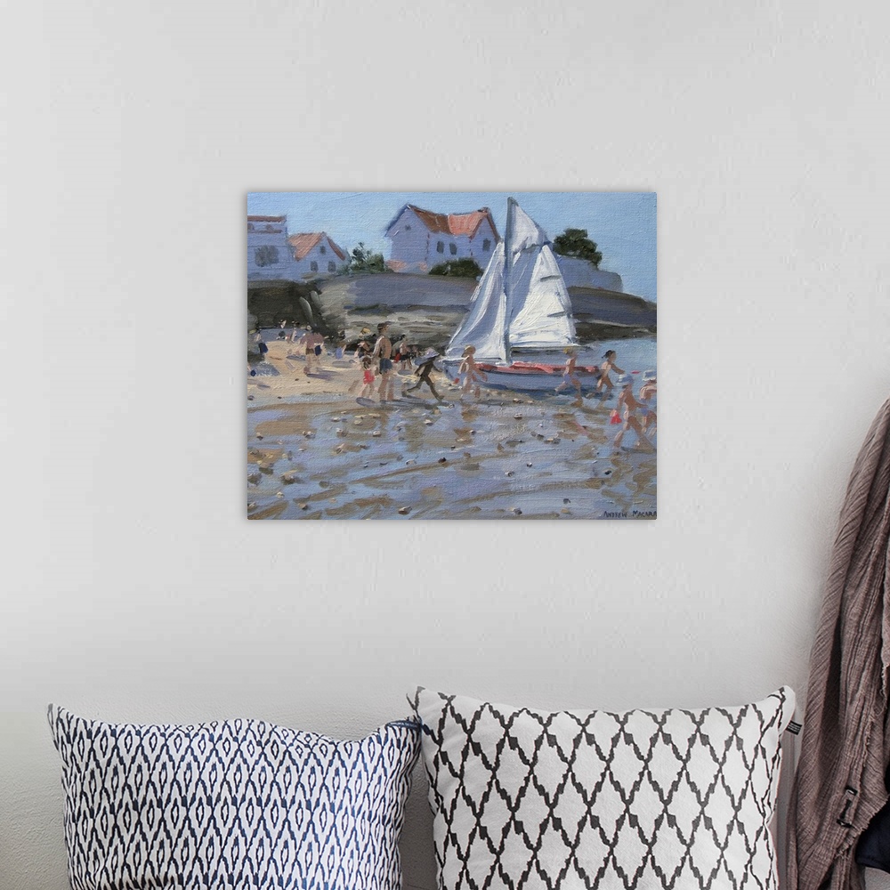 A bohemian room featuring Contemporary painting of a crowd on the beach with a small sail boat sitting on the edge of the w...