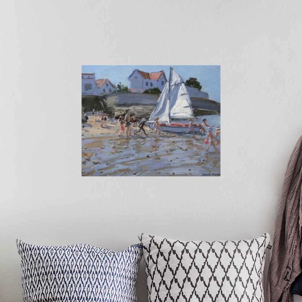 A bohemian room featuring Contemporary painting of a crowd on the beach with a small sail boat sitting on the edge of the w...