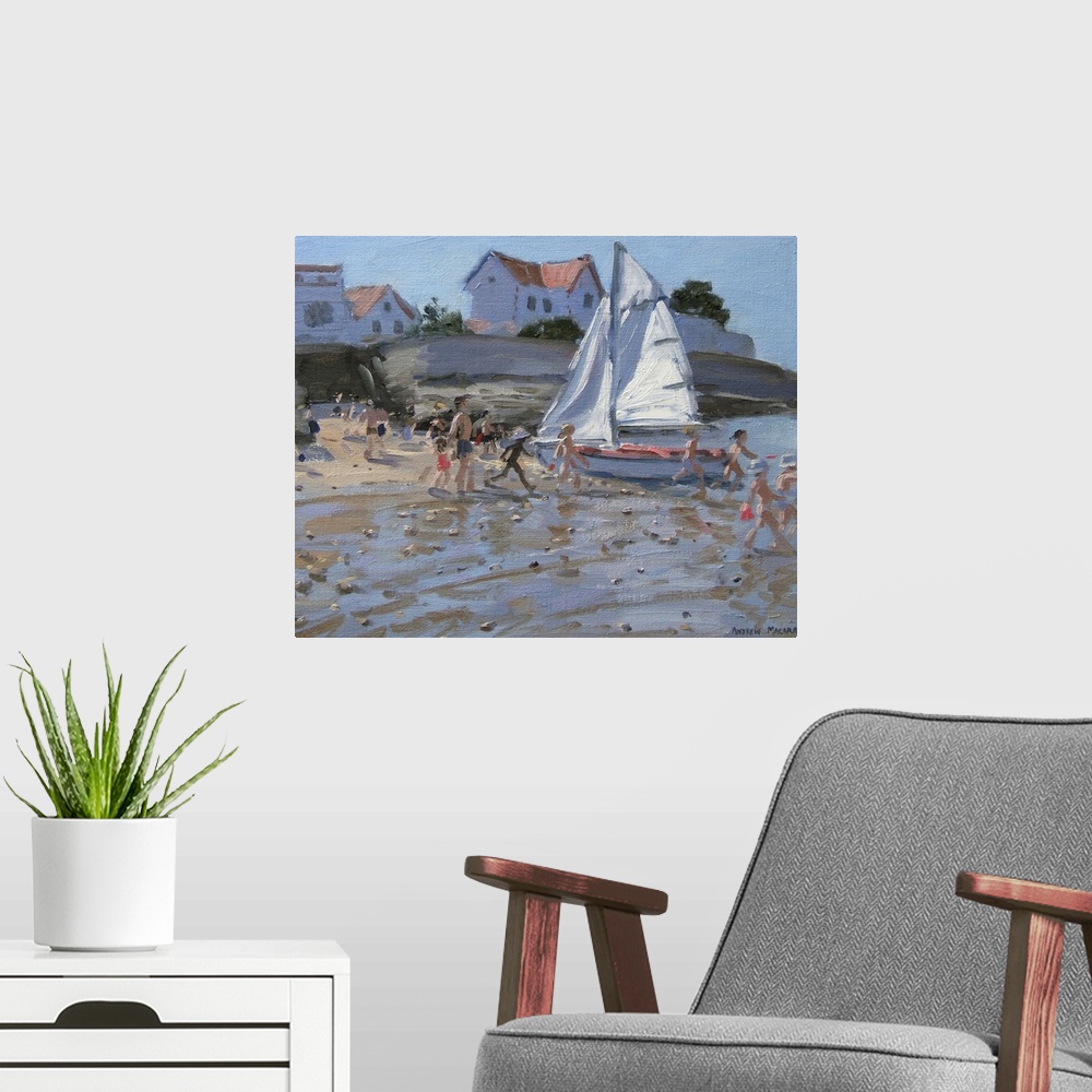 A modern room featuring Contemporary painting of a crowd on the beach with a small sail boat sitting on the edge of the w...