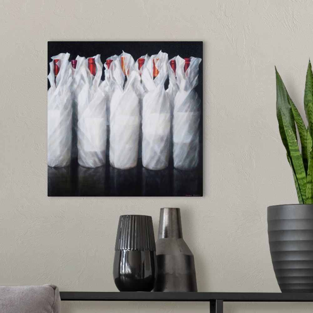 A modern room featuring Contemporary painting of a row of wrapped bottles of wine.