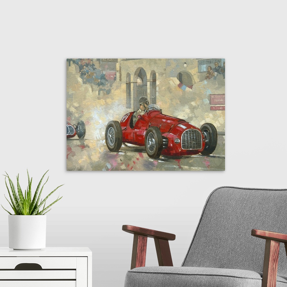 A modern room featuring Whitehead's Ferrari passing the pavilion, Jersey