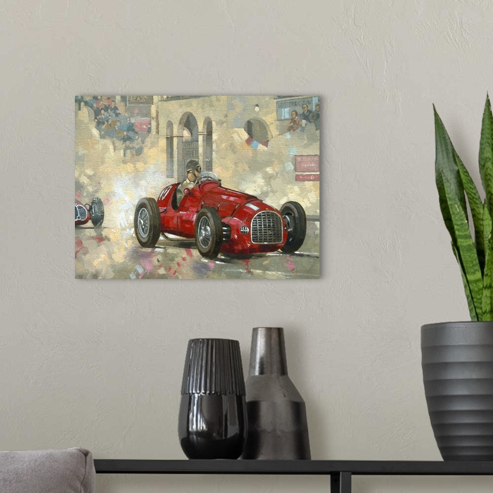 A modern room featuring Large artwork of a man driving by groups of people in a red race car with confetti falling from t...